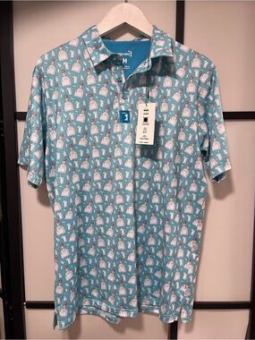 Bogey Bros Blue Tequila Shot Bottle Golf Polo Shirt Mesh Short Sleeve Size M